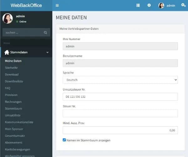 Oberfläche zur Verwaltung der Partnerdaten