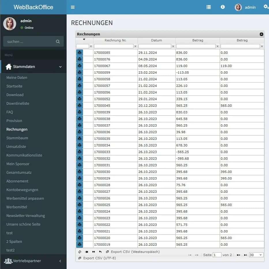 Rechnungsübersicht im Mitgliedsbereich